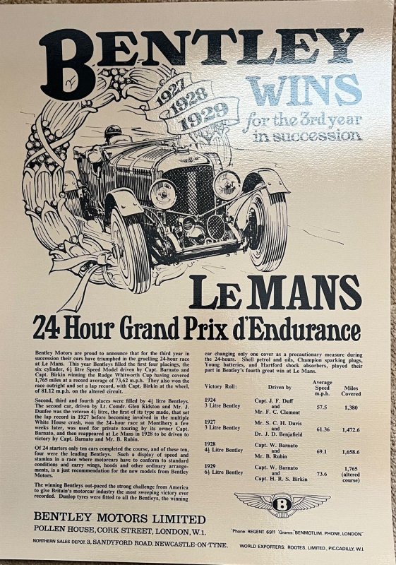::　wins　1924/27/28/29　Bentley　Poster　Le　Heures　Mans　24　du　Mans