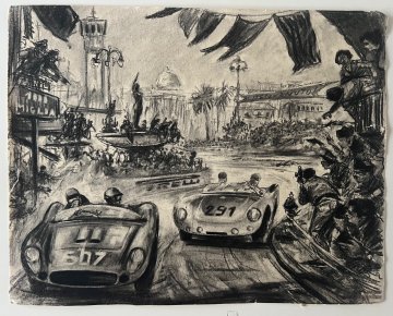 Carlo Demand Original charcoal sketch 1950s Mille Miglia.