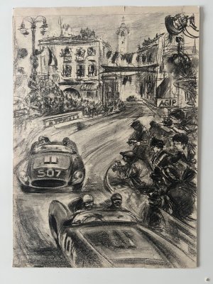 Carlo Demand Original charcoal sketch 1950s Mille Miglia. V2