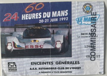 Original 1992 Le Mans entry ticket